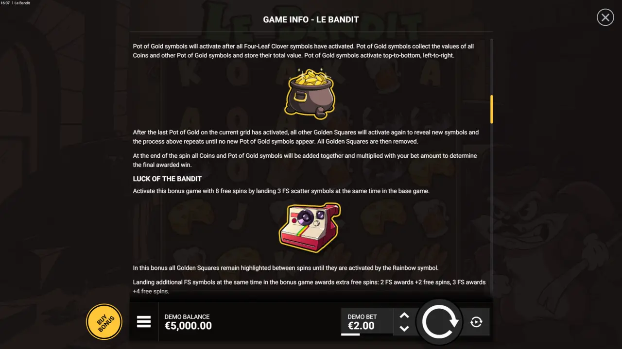 Le Bandit: Таблица выплат